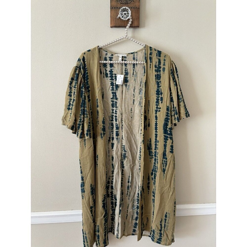 NWT Maurices Size M Brown Blue Tie Dye Kimono Duster Cardigan Short Sleeve